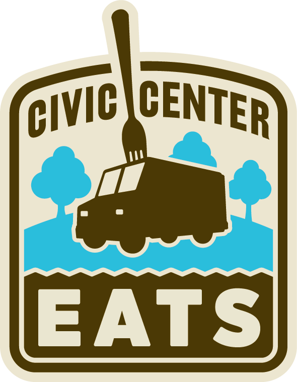 Civic Center Eats Logo CMYK Civic Center EATS logo shows a food truck with a large fork, surrounded by trees
